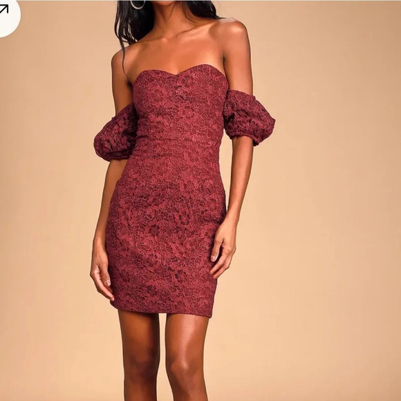 Lulus Hartley Burgundy Embroidered Lace Off-the-Shoulder Mini Dress large NWT - Picture 1 of 14